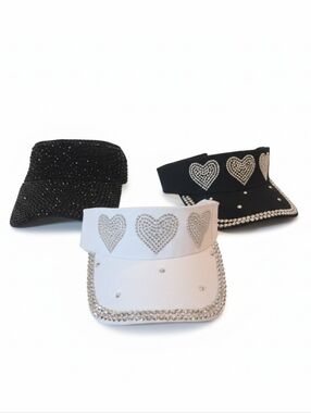 NWT Rhinestone Visor - White HEART, Black Heart, Black Full Studs Trio Bundle.